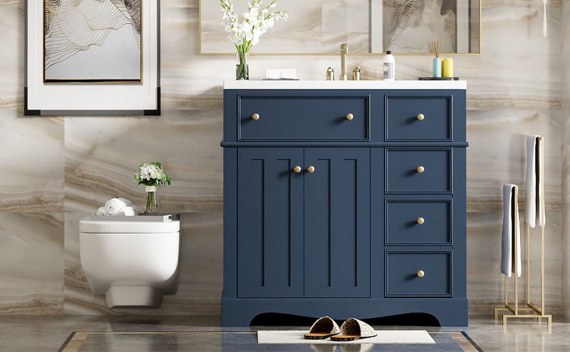 Bathroom Vanity With Resin Sink Combo, Frame Bathroom Storage Cabinet, Freestanding Vanity Set With 3 Drawers & Adjustable Shelf - Blue
