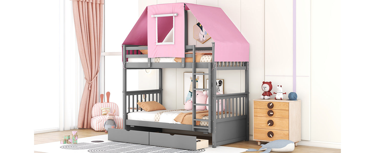 Twin Over Twin Bunk Bed Wood Bed with Tent and Drawers, Gray+Pink Tent