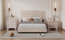 Full Size Upholstered Bed Frame with Rivet Design, Modern Velvet Platform Bed with Tufted Headboard,Beige