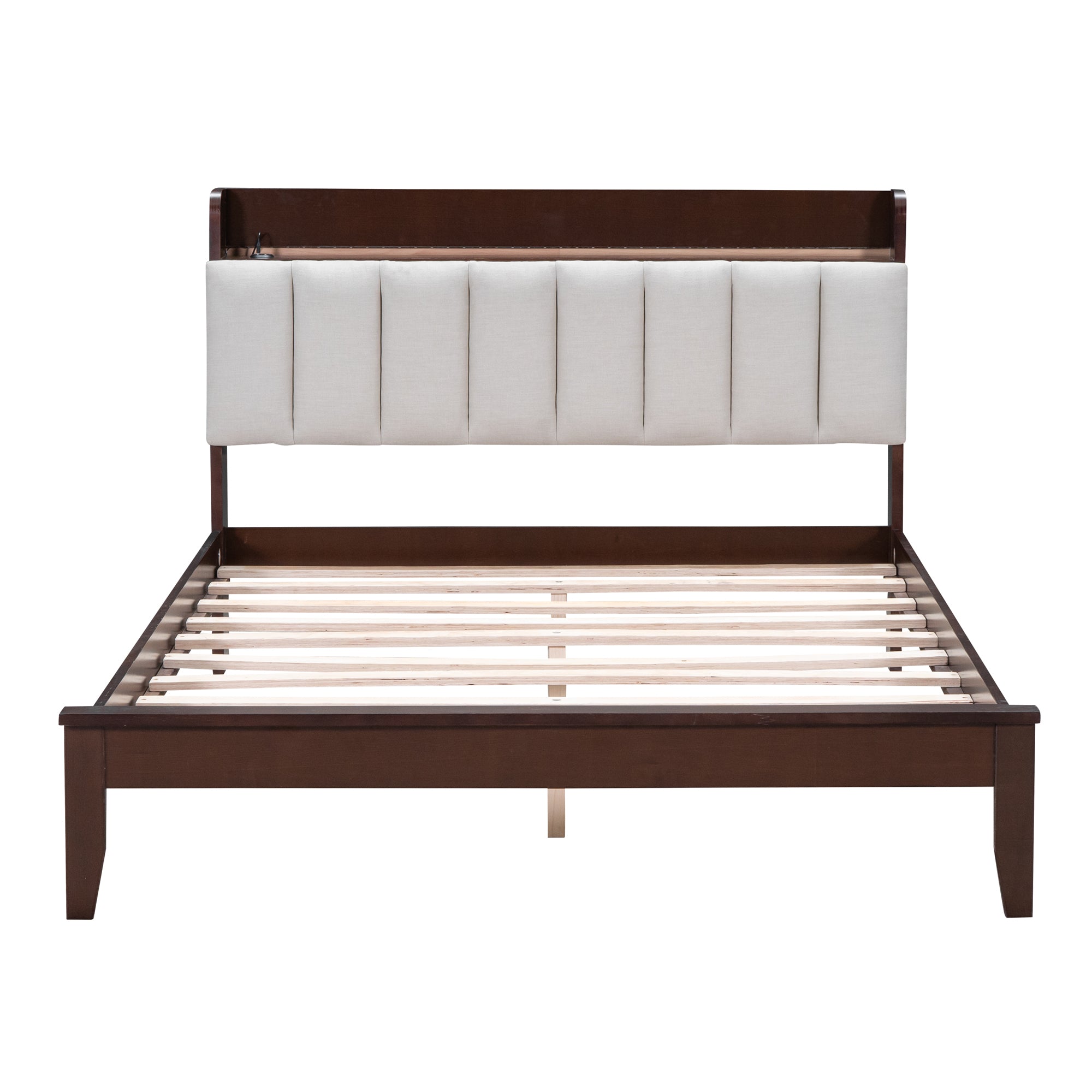 Full size Platform Bed with USB Charging Station and Storage Upholstered Headboard,LED Bed Frame,No Box Spring Needed,Walnut+Beige - Atlantic Fine Furniture Melbourne FL