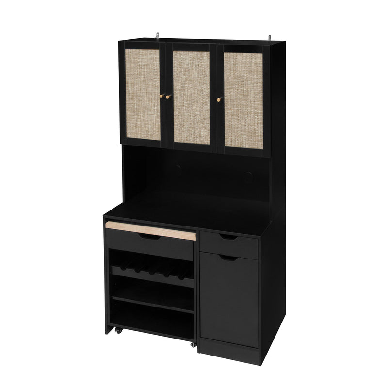 Kitchen Pantry Storage Cabinet, Modern Buffet Cabinet With Kitchen Cart, Tall Kitchen Hutch Cabinet With Microwave Stand, Food Pantry Cabinet With 3 Rattan Doors And Adjustable Shelves - Black
