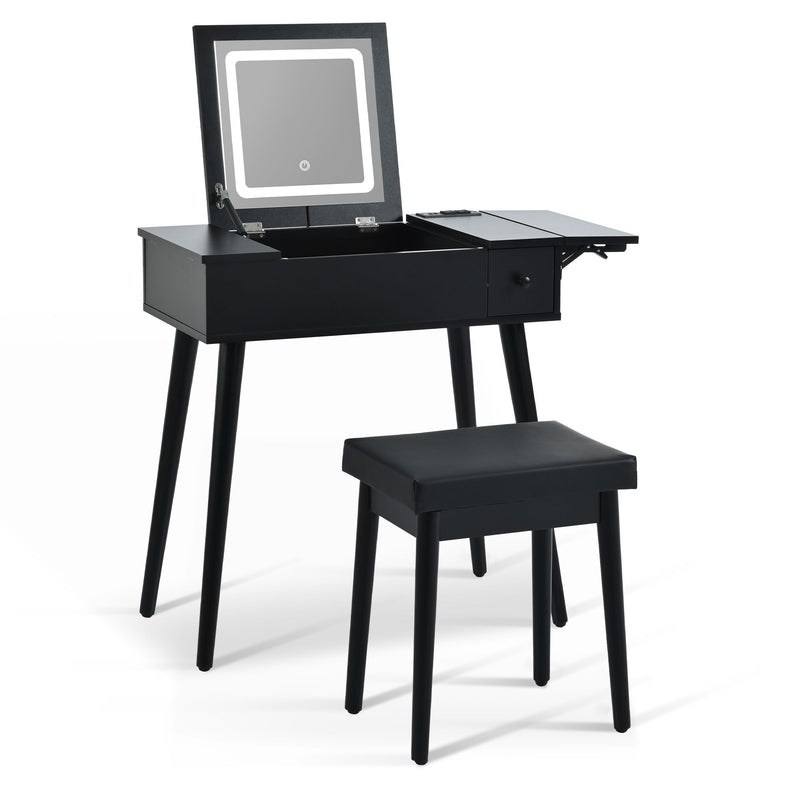 Makeup Vanity Desk With Flip Top Mirror And LED Light, Dressing Table With Charging Station, 2 Drawers And Fold Up Panel, Vanity Set With Cushioned Stool For Bedroom - Black