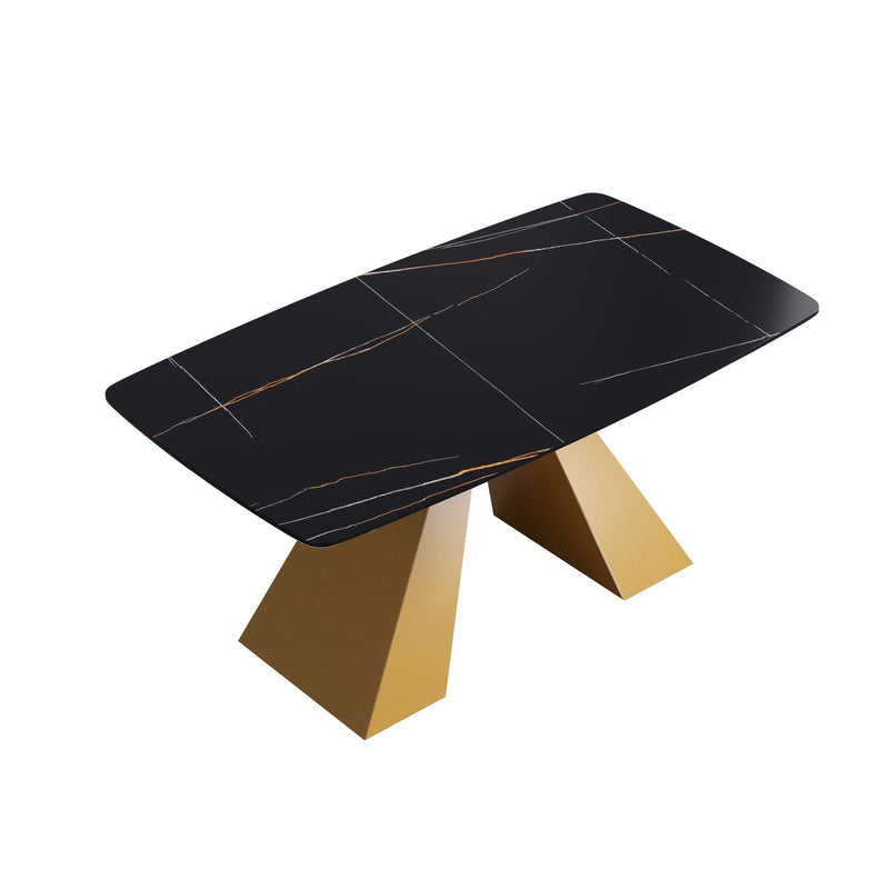 63" Artificial Stone Black Curved Golden Metal Leg Dining Table, 6 People - Black / Gold