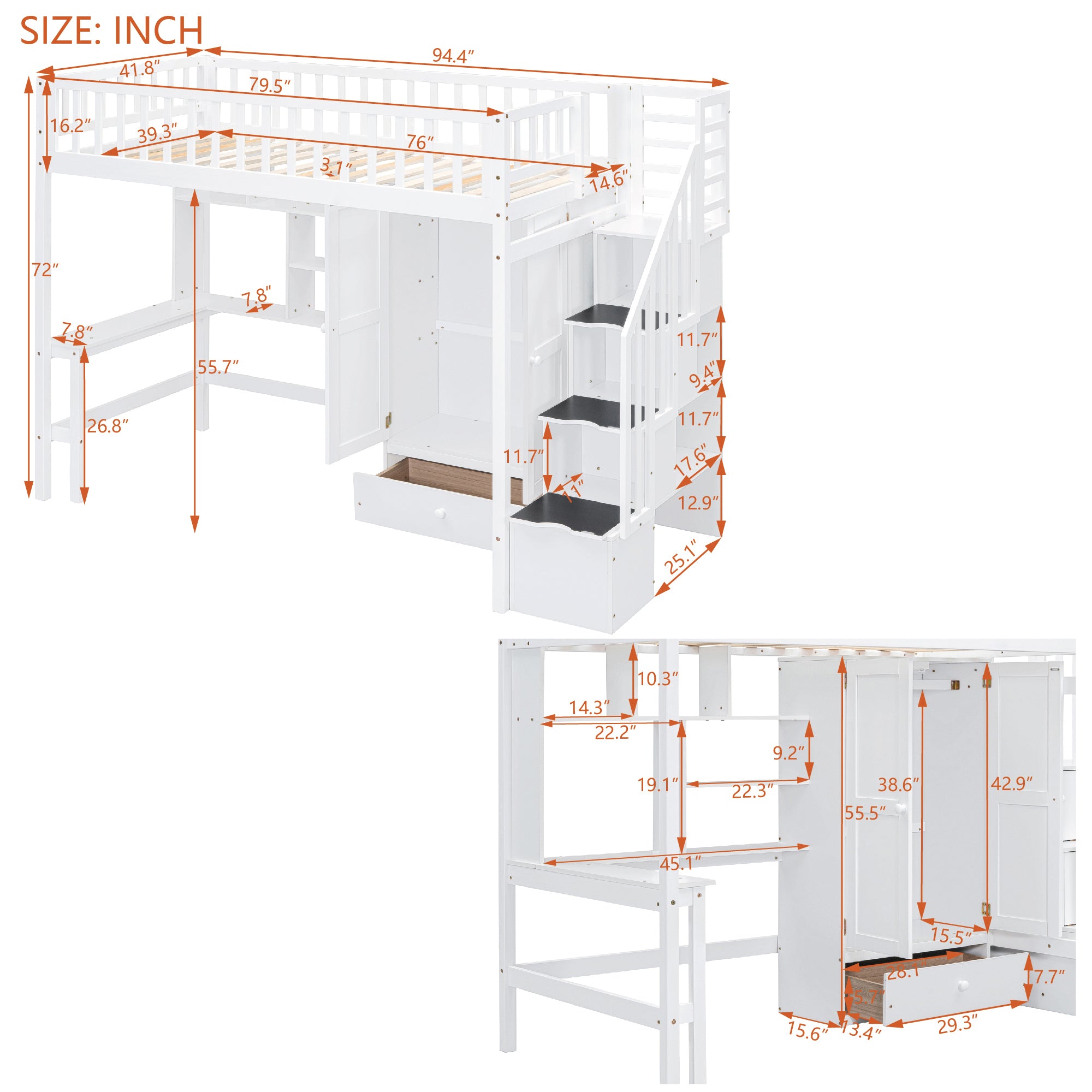 Twin size Loft Bed with Bookshelf,Drawers,Desk,and Wardrobe-White - Atlantic Fine Furniture Melbourne FL