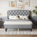 Full size Adjustable Headboard with Fine Linen Upholstery and Button Tufting for Bedroom,  Wave Top  Light Gray