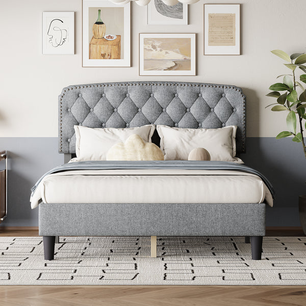 Full size Adjustable Headboard with Fine Linen Upholstery and Button Tufting for Bedroom,  Wave Top  Light Gray