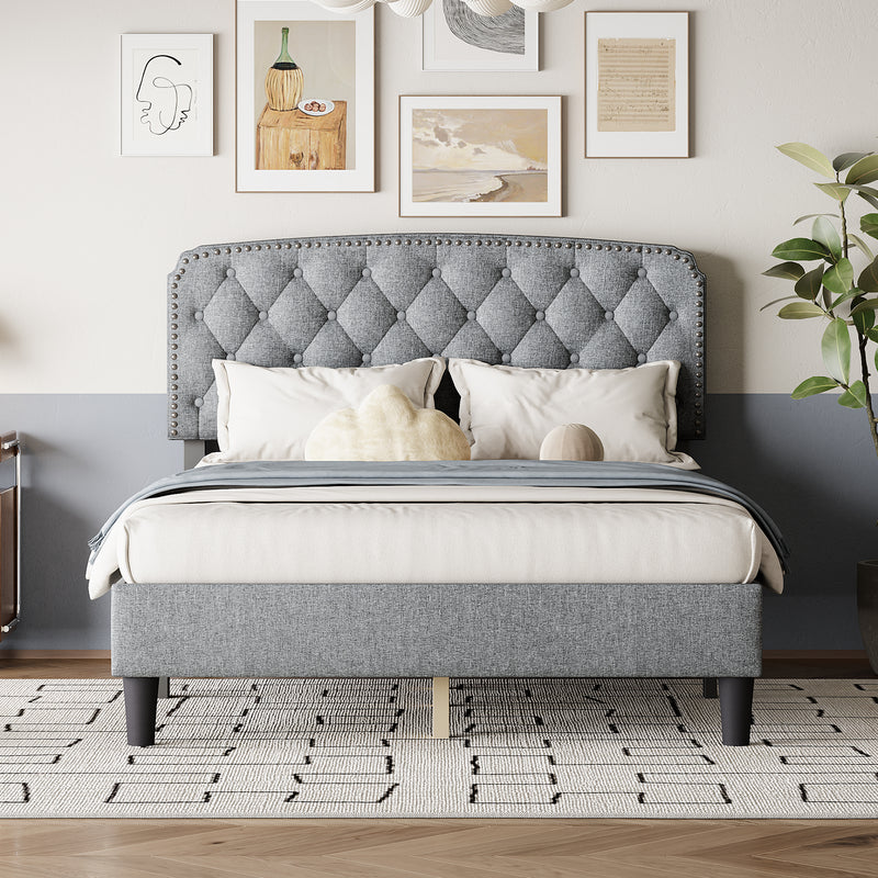 Full size Adjustable Headboard with Fine Linen Upholstery and Button Tufting for Bedroom,  Wave Top  Light Gray