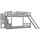 Twin over Twin Bunk Bed with Convertible Slide and Stairway, Gray