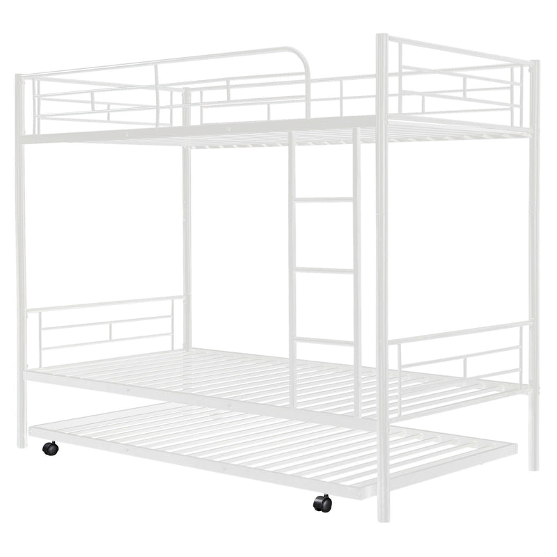 Twin Over Twin Metal Bunk Bed With Trundle, Can Be Divided Into Two Beds, No Box Spring Needed - White