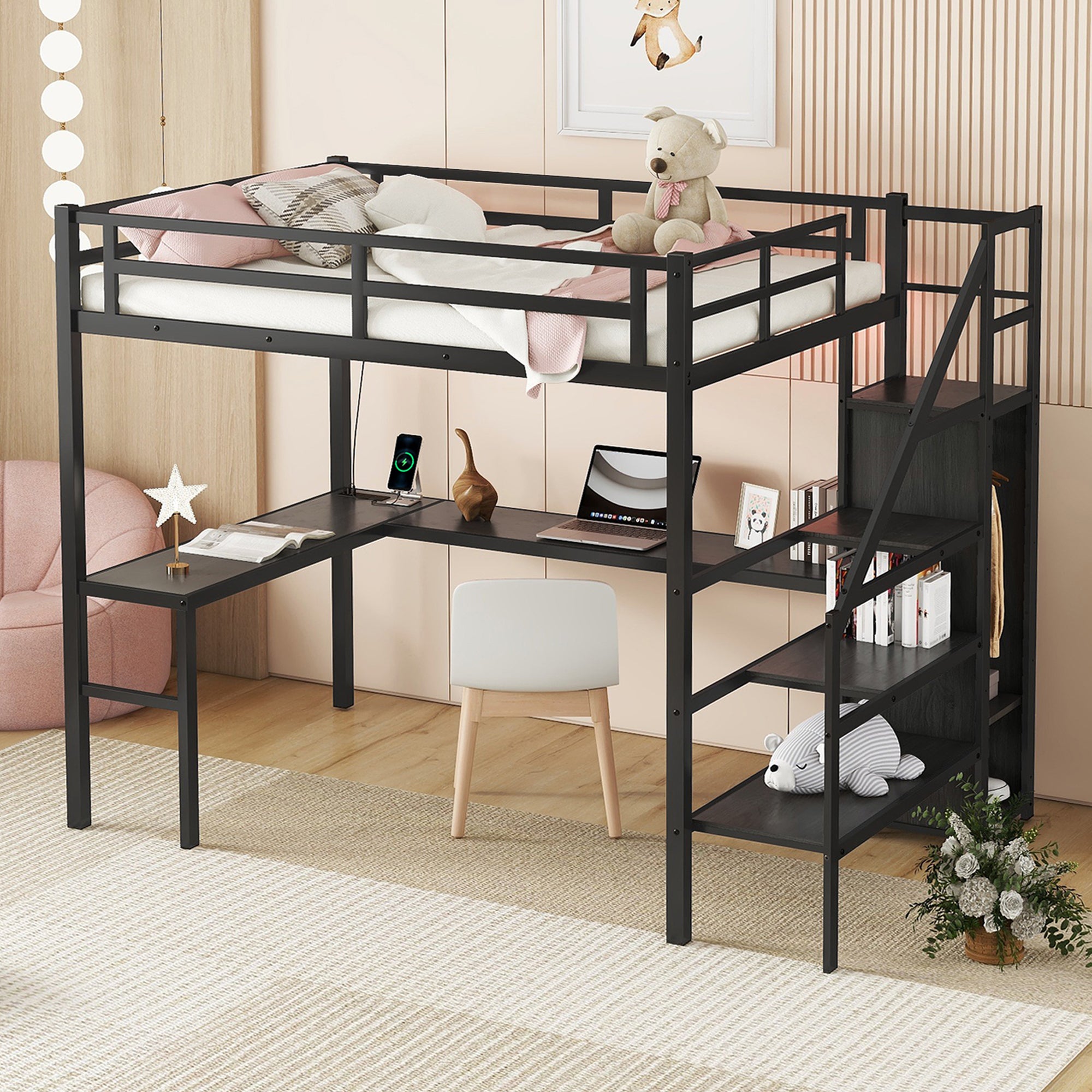 Full XL Size Loft Bed with L-shaped Desk and USB, Metal Loft Bed with Wardrobe and Adjustable Shelf, High Loft Bed with LED for Kids Teens Adults, Black