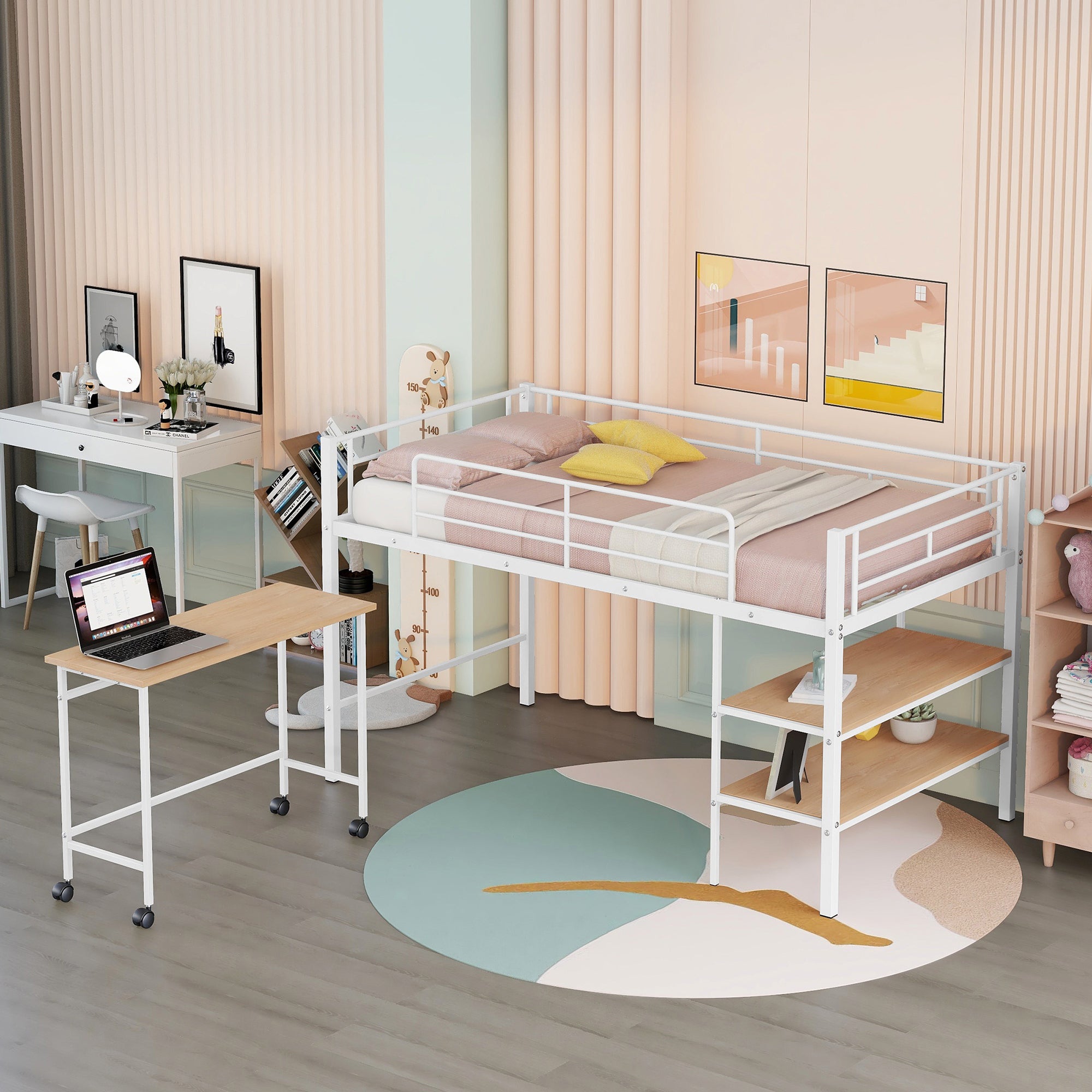 Twin Size Metal Loft Bed with Desk and Shelves,White - Atlantic Fine Furniture Melbourne FL