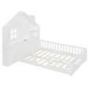 Full Size House Bed With Window And Bedside Drawers, Platform Bed With Shelves And A Set Of Sockets And USB Port - White