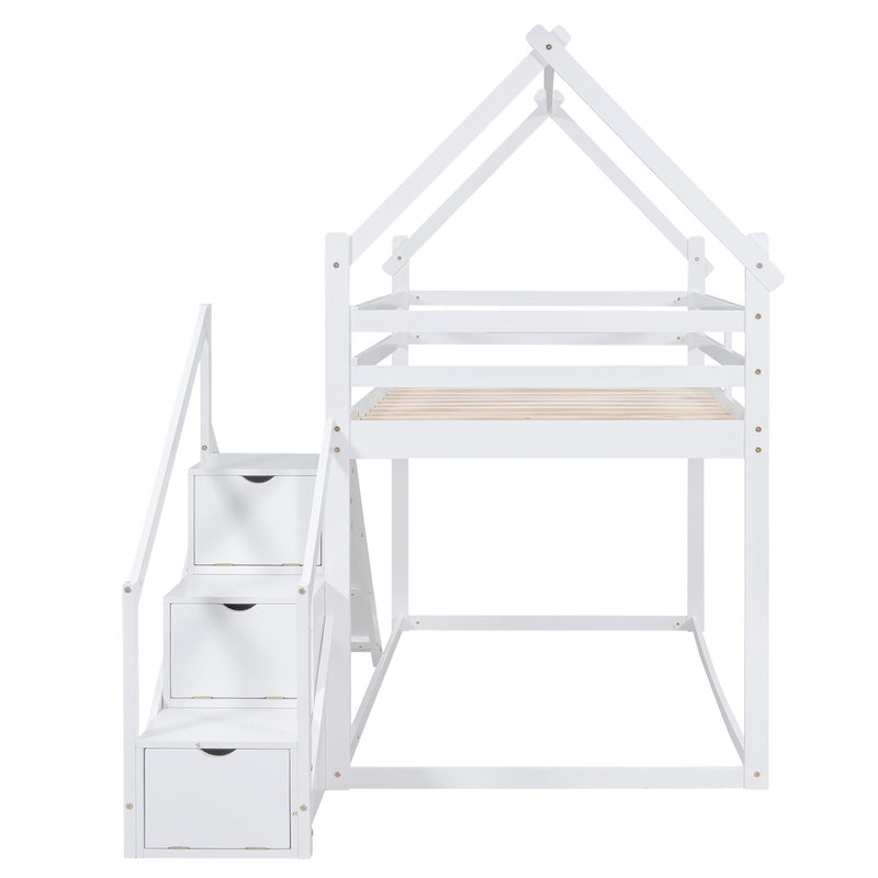 Twin Over Twin House Loft Or Bunk Bed With Slide And Staircase