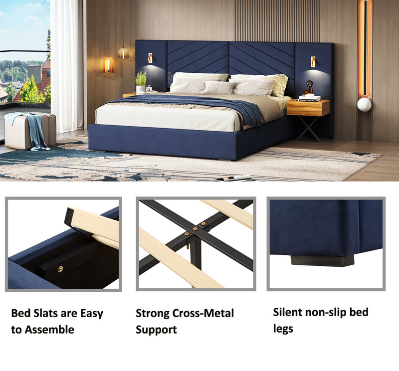 King Size Velvet Bed Frame/Vertical Channel Tufted Wingback Headboard/Upholstered Platform Bed/Strong Wooden Slats/No Box Spring Needed/Easy AssemblyRoyal blue