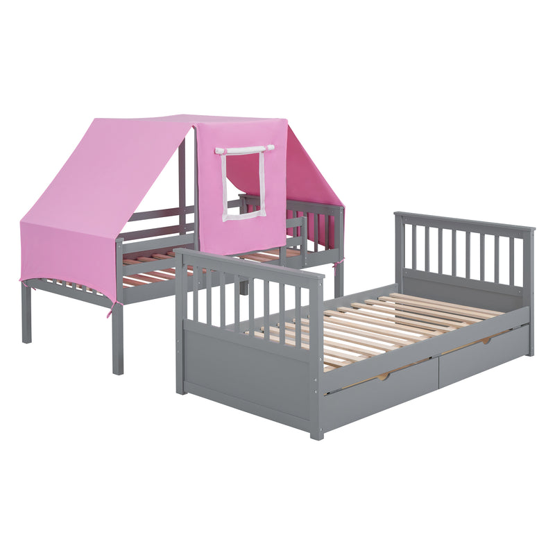 Twin Over Twin Bunk Bed Wood Bed with Tent and Drawers, Gray+Pink Tent