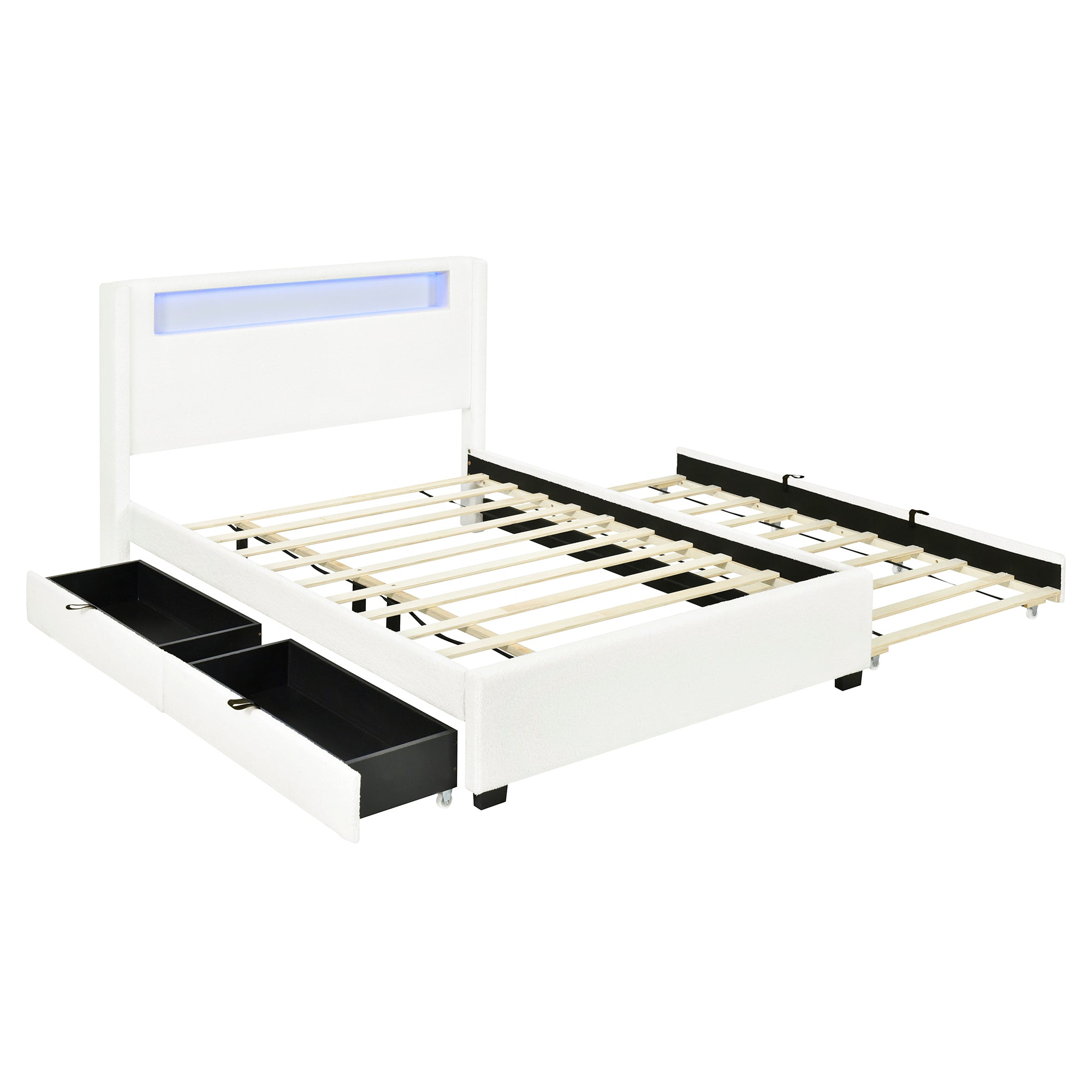 Full Size Upholstered Platform Bed with LED Frame, with Twin  Size Trundle and 2 drawers, Teddy Fleece, White - Atlantic Fine Furniture Melbourne FL
