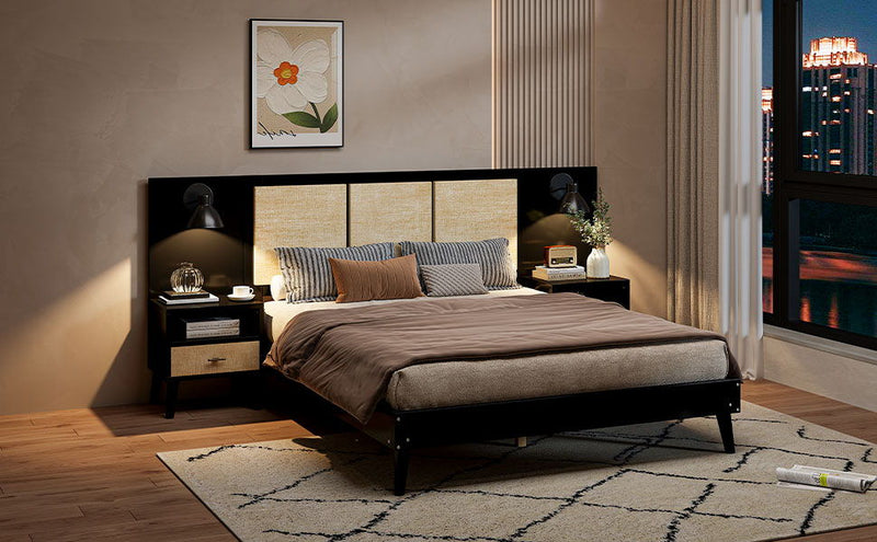 Solid Wood Bed Frame With 2 Nightstands, Elegant Design With Lamps, Rattan And Wood Combination