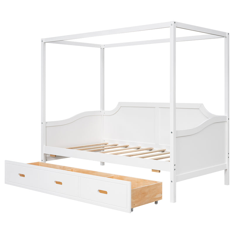 Twin Size Wooden Canopy Daybed with 3 in 1 Storage Drawers,White