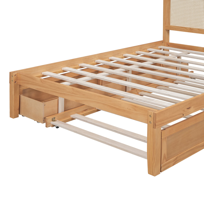 Full Size Elegant Bed Frame with Rattan Headboard and Sockets ,Walnut