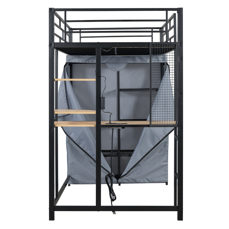 Loft Bed With Desk, Shelves, Power Outlet, LED Light And Wardrobe