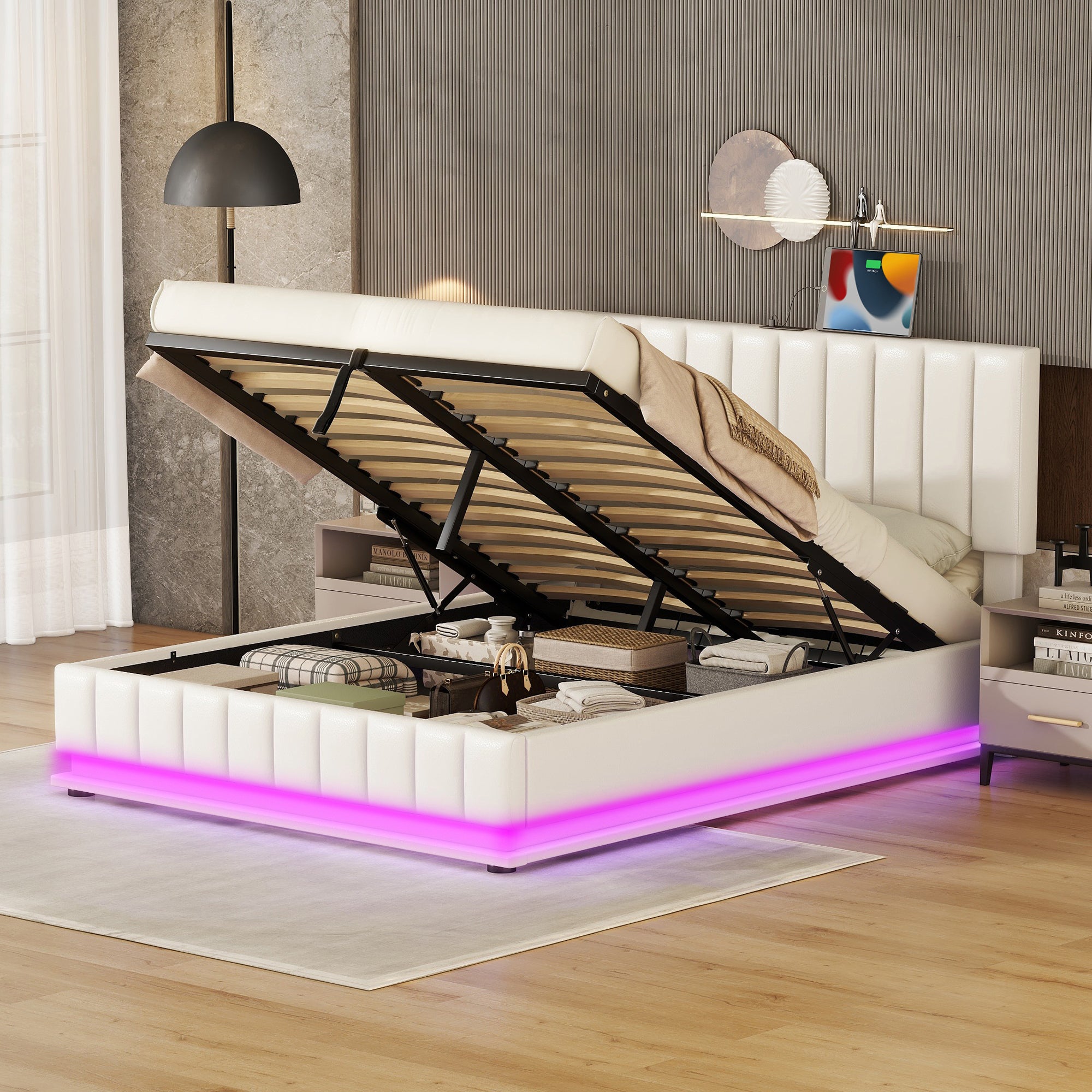 Queen Size Upholstered Bed with Hydraulic Storage System and LED Light, Modern Platform Bed with Sockets and USB Ports, White - Atlantic Fine Furniture Melbourne FL