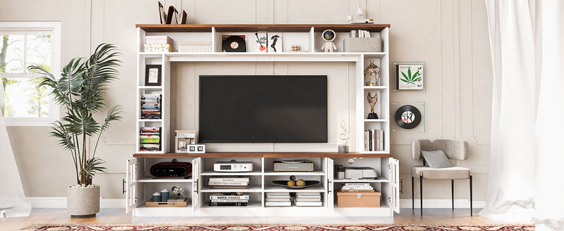 Wall Unit Entertainment Center With Bookshelves For TVs Up To 80", Tempered Glass Doors And Adjustable Shelves