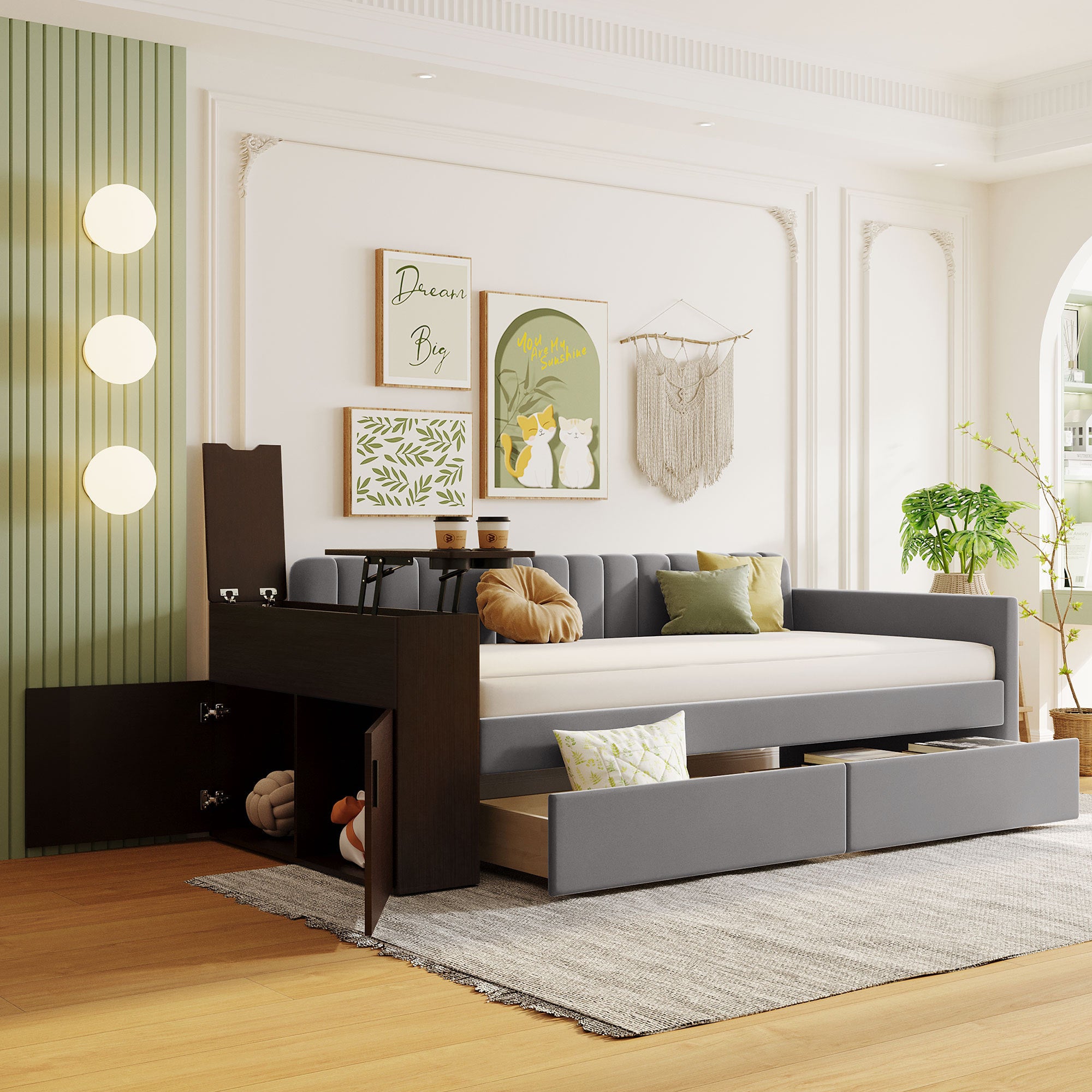 Twin Size Upholstered Daybed with Storage Armrest and 2 Drawers, Multi-functional Daybed with Cup Holder and a set of USB Ports and Sockets, Gray - Atlantic Fine Furniture Melbourne FL