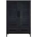 Modern Style Tall Display Cabinet With LED Lighting, Tempered Glass Door, 2 Drawers