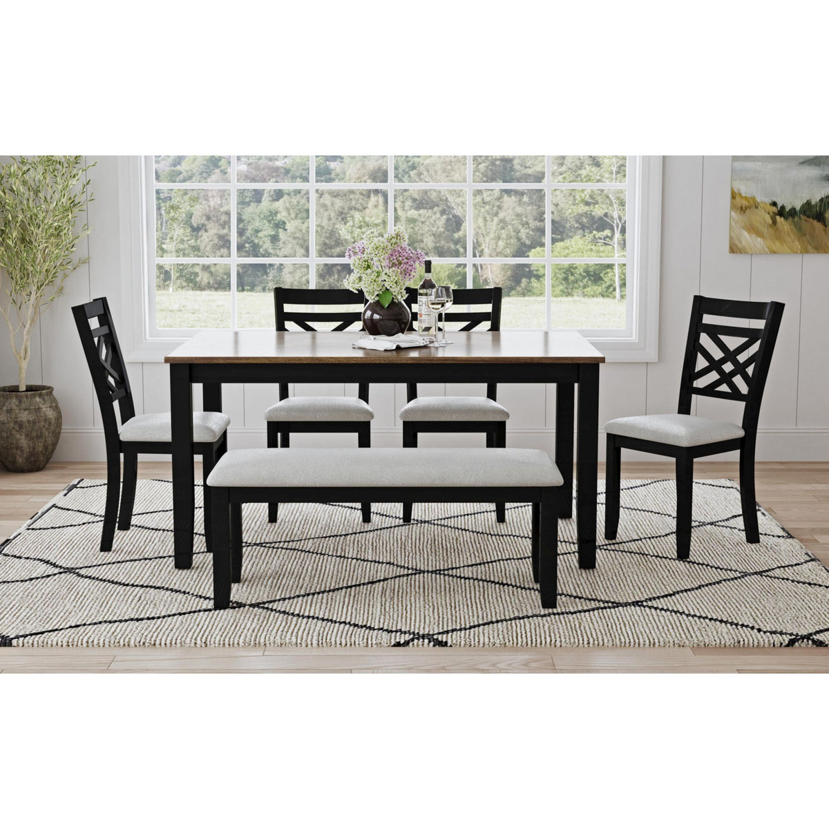 Brooks 6 Piece Dining Set With Table, 4 Wood Back And Upholstered Seat Chairs, And Bench in Black by Elements International, view 22