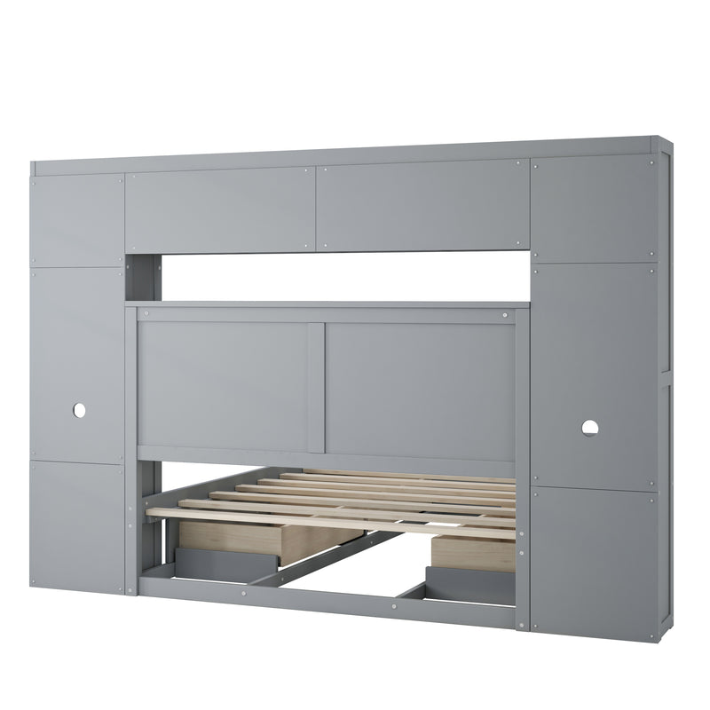 Elegant and Functional Full Size Wood Bed with 4 Drawers and All-in-One Cabinet and Shelf, Grey