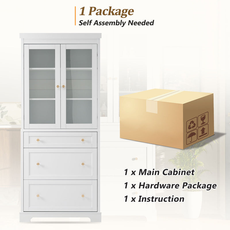 Freestanding Tall Bathroom Cabinet With 2 Adjustable Shelves, 3 Drawers, Soft Close Glass Doors - White