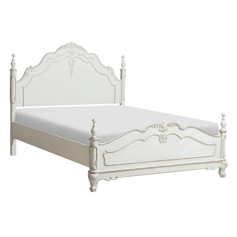 Victorian Style Antique White Queen Bed 1pc Traditional Bedroom Furniture Floral Motif Carving Classic Look Posts