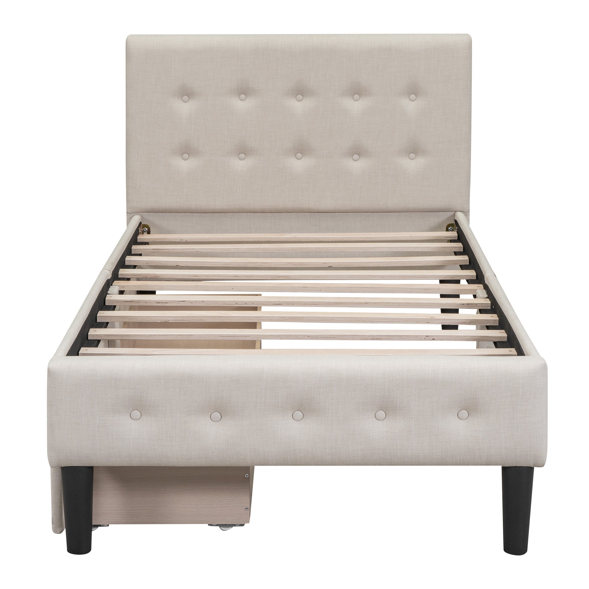 Twin Size Upholstered Platform Bed with 2 Drawers, Beige - Atlantic Fine Furniture Melbourne FL