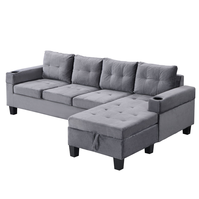 Modern 4 Seat Sectional Sofa With L Shape Right Lounge Storage Chaise, Cup Holder - Gray