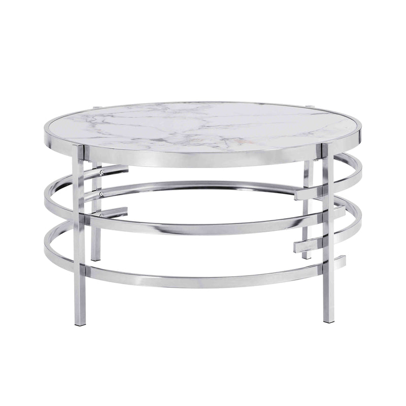 32.48'' Chrome Round Coffee Table With Sintered Stone Top & Sturdy Metal Frame, Modern Coffee Table For Living Room - Silver