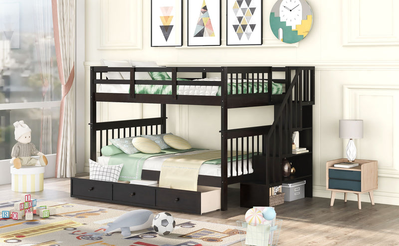 Stairway Bunk Bed With Storage And Guard Rail For Bedroom
