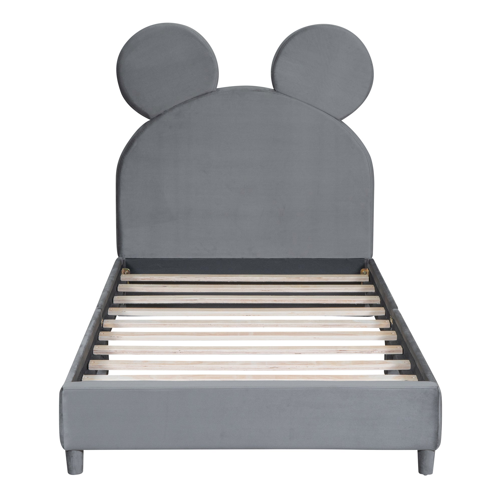 Twin Size Upholstered Platform Bed with Bear Ear Shaped Headboard, Gray - Atlantic Fine Furniture Melbourne FL