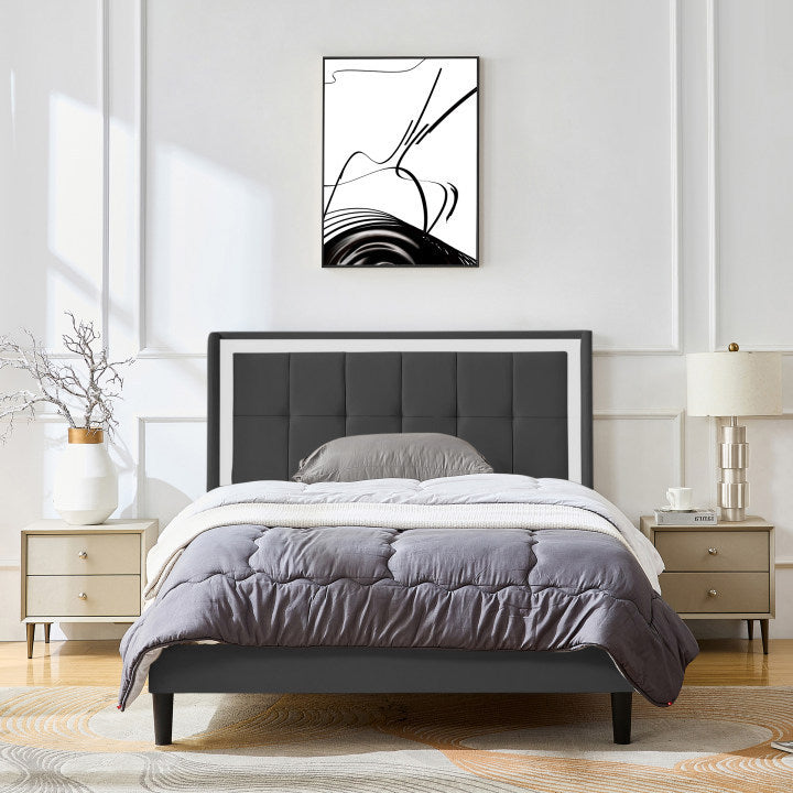 Queen Size Upholstered platform bed frame with headboard and sturdy wooden slats, high load-bearing capacity, non-slip and noiseless, no springs required, easy to assemble, dark gray bed - Atlantic Fine Furniture Melbourne FL