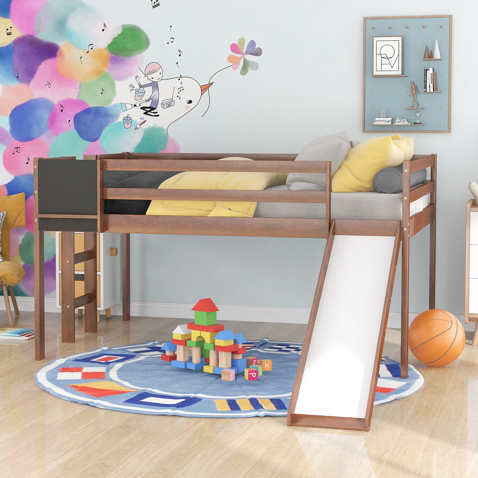 Full size Loft Bed Wood Bed with Slide, Stair and Chalkboard,Walnut(Old SKU:WF282116AAL) - Atlantic Fine Furniture Melbourne FL