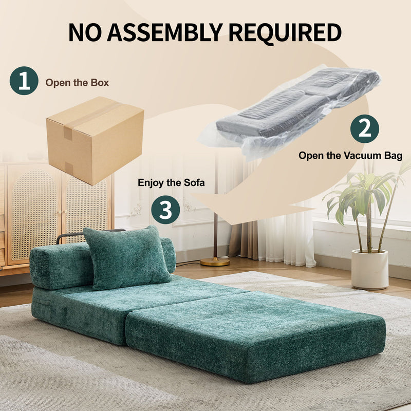 Convertible Floor Sofa Bed With Fixed Shape Frame For Living Room - Dark Green