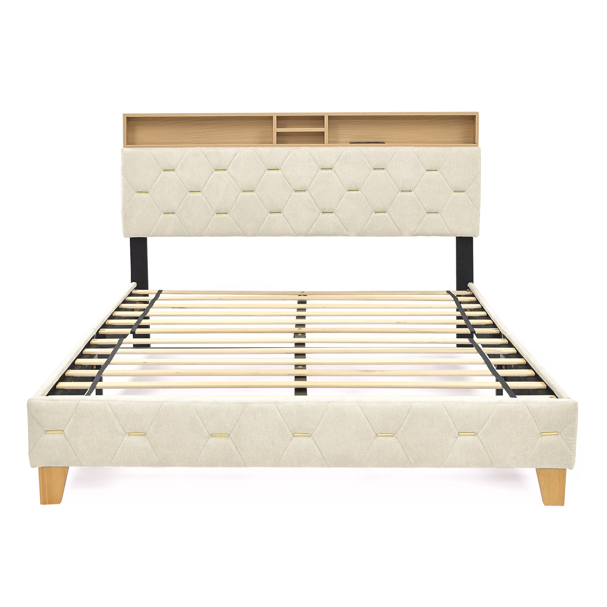 Full Size Bed Frame, Shelf Upholstered Headboard, Platform Bed with Outlet & USB Ports, Wood Legs, No Box Spring Needed, Easy Assembly, Beige - Atlantic Fine Furniture Melbourne FL