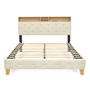 Full Size Bed Frame, Shelf Upholstered Headboard, Platform Bed with Outlet & USB Ports, Wood Legs, No Box Spring Needed, Easy Assembly, Beige