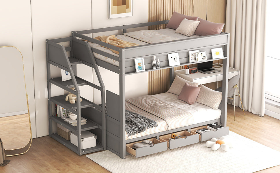 Wood Full Size Convertible Bunk Bed with Storage Staircase, Bedside Table, and 3 Drawers, Gray - Atlantic Fine Furniture Melbourne FL