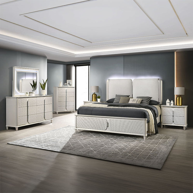 Laveda - Eastern King Bed With LED - Light Gray Boucle & Pearl White Finish