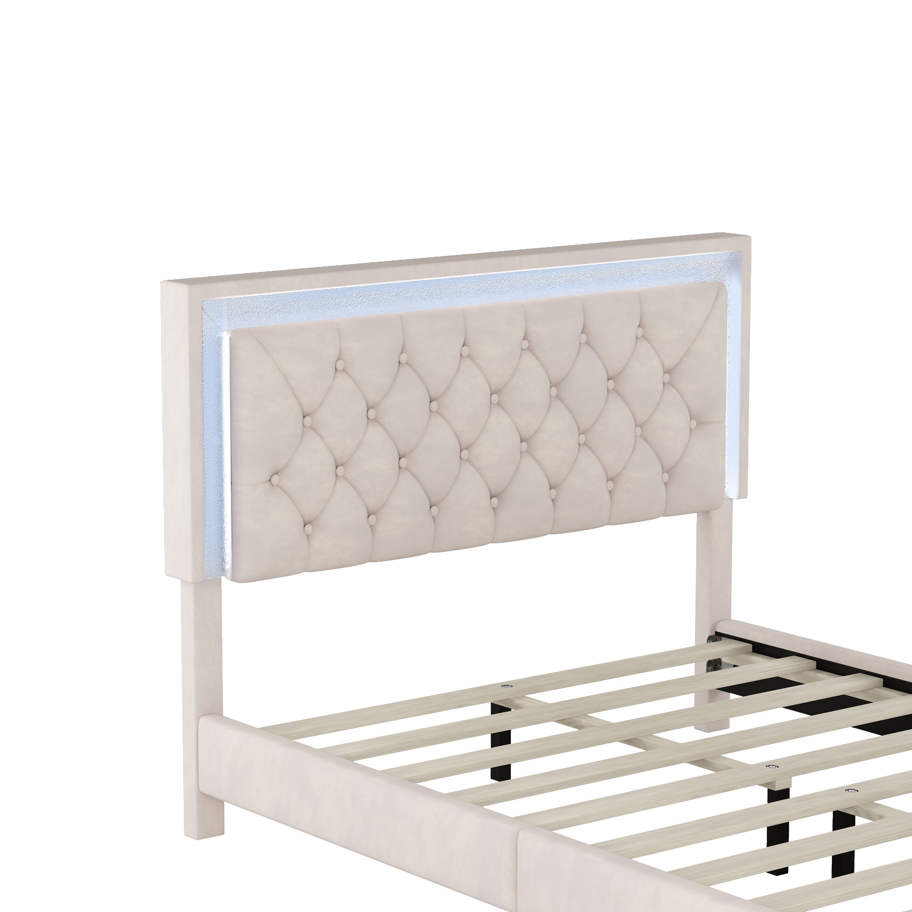 Full Size Upholstered Bed Frame with LED Lights,Modern Velvet Platform Bed with Tufted Headboard,Beige - Atlantic Fine Furniture Melbourne FL