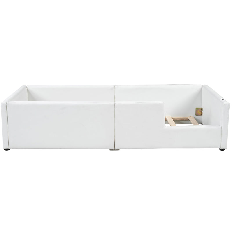 Twin Size Upholstered Platform Bed With Guardrail And Charging Station - White