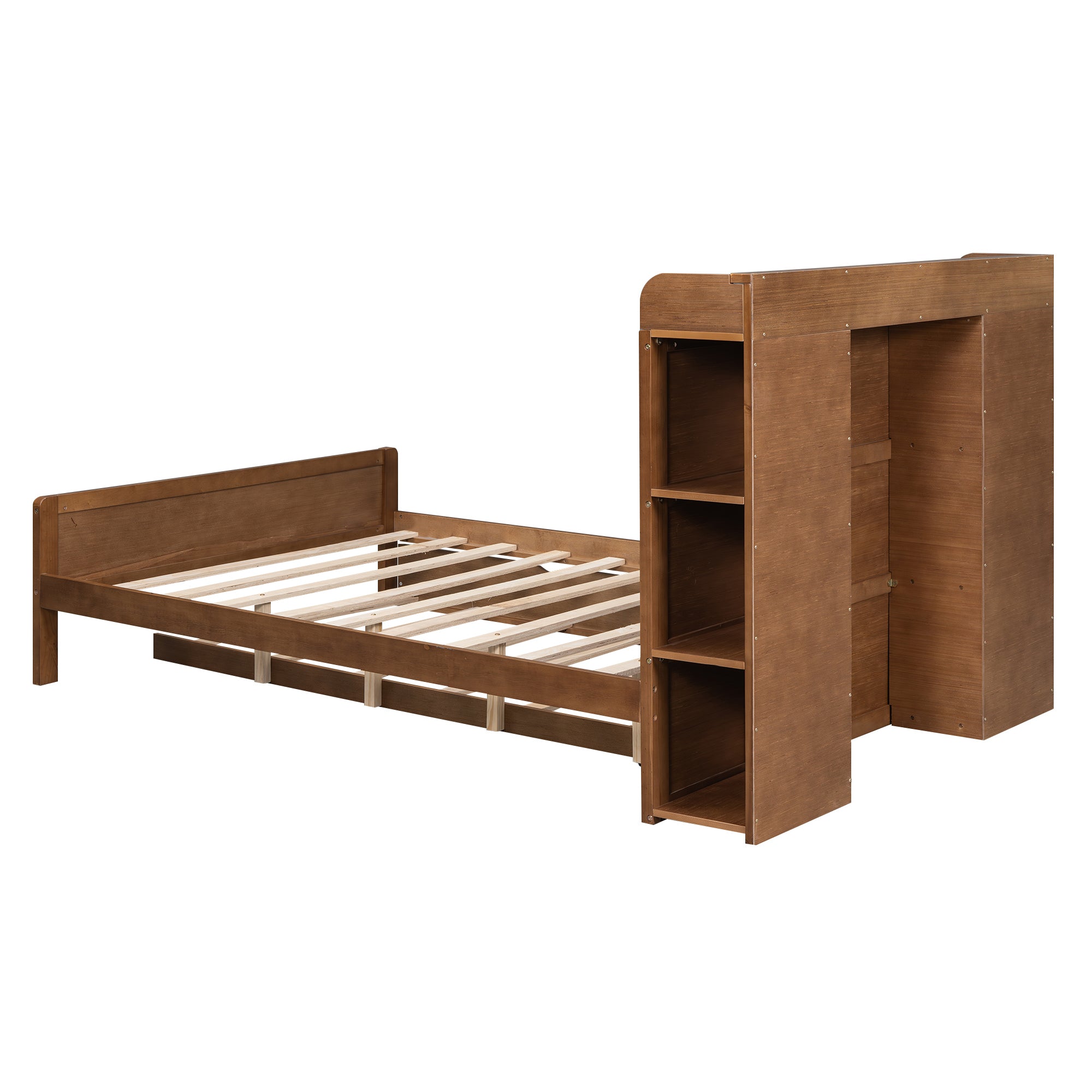 Full Size Platform Bed with Storage Headboard and Twin Size Trundle, Walnut - Atlantic Fine Furniture Melbourne FL