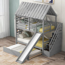 House Bunk Bed With Trundle, Storage Staircase, Roof And Window Design
