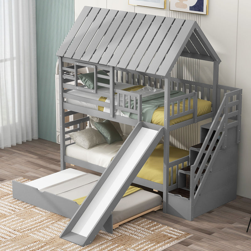 House Bunk Bed With Trundle, Storage Staircase, Roof And Window Design