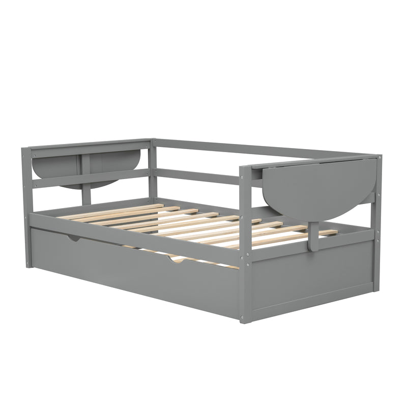 Twin Size Daybed with Trundle and Foldable Shelves on Both Sides,Gray